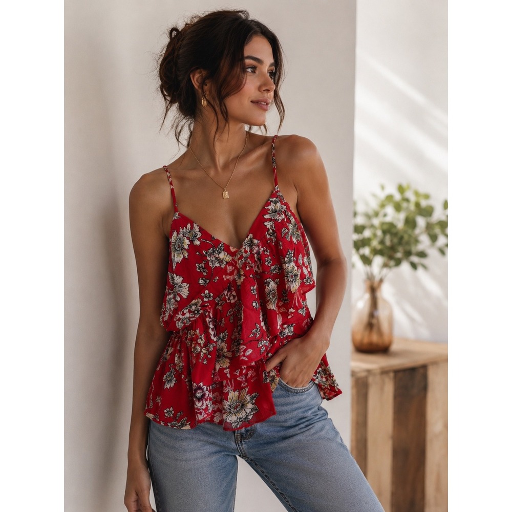 Patrons of Peace Anthropologie Red Floral Ruffle Peplum Cami Top Small